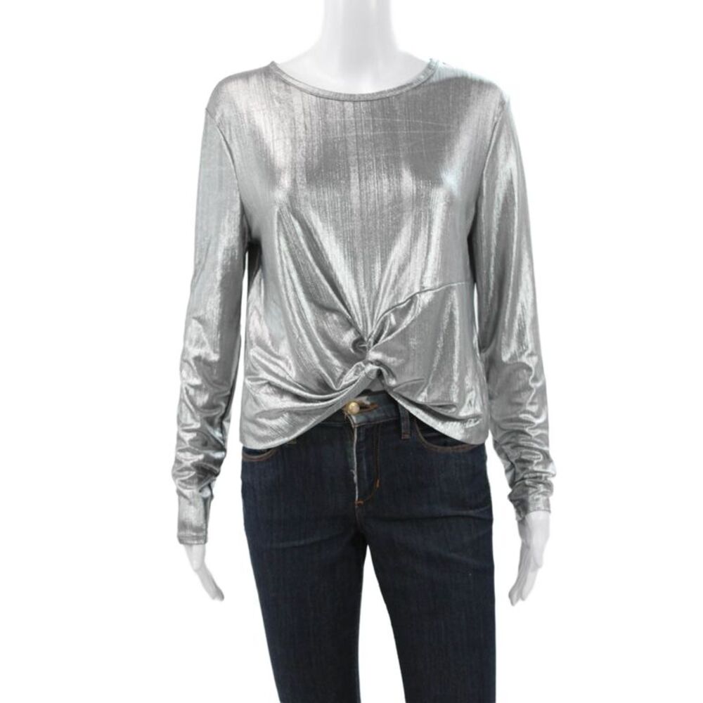 Robert Rodriguez Women Cropped Blouse Silver Long Sleeve Round Neck Size M